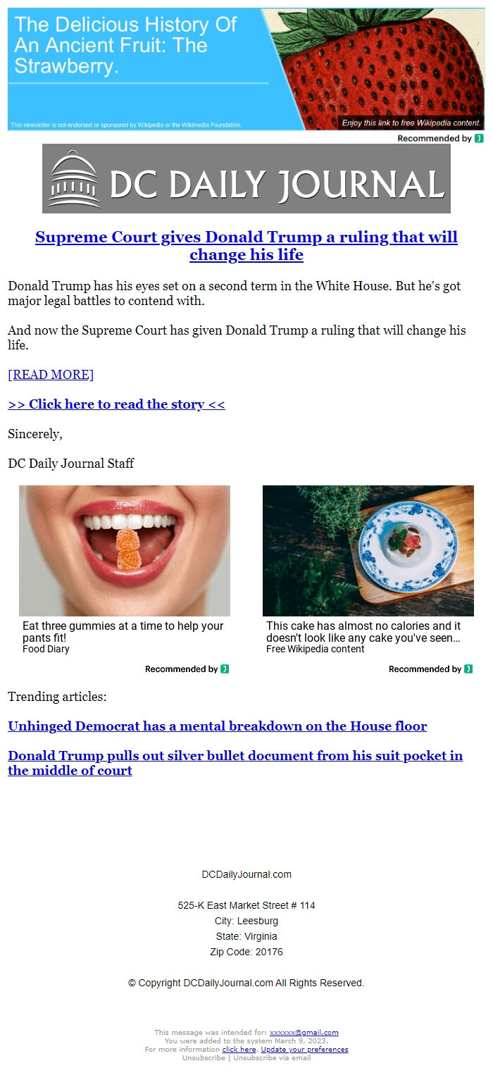 Screenshot of the email generated on import