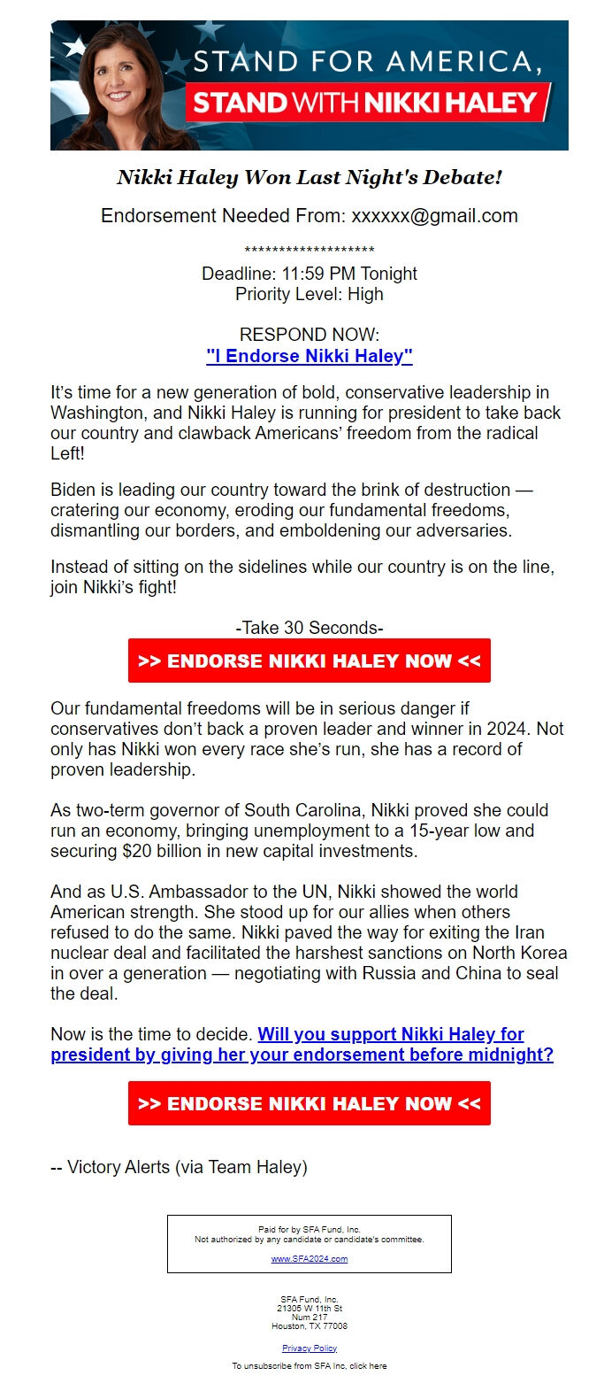 Screenshot of the email generated on import