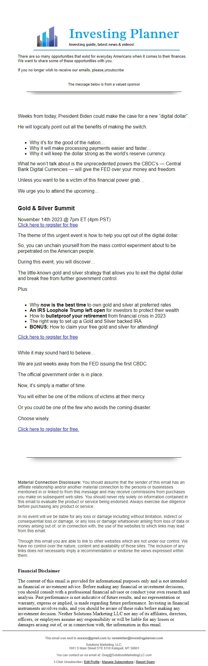 Screenshot of the email generated on import