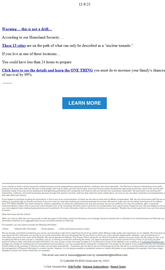 Screenshot of the email generated on import