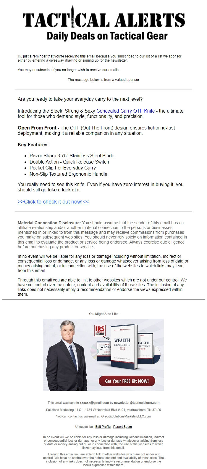 Screenshot of the email generated on import