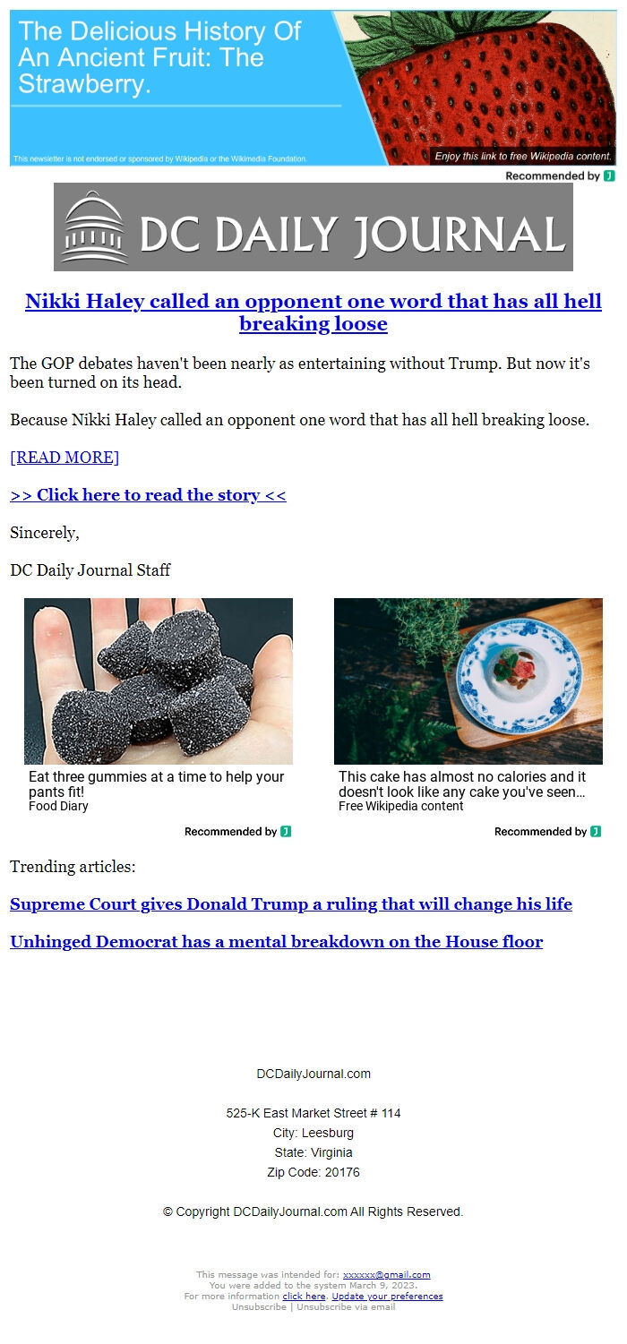 Screenshot of the email generated on import