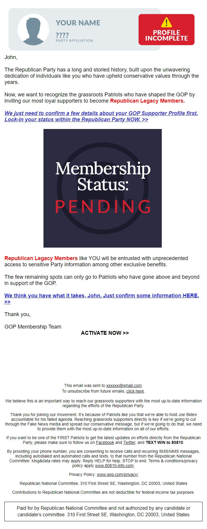 Screenshot of the email generated on import