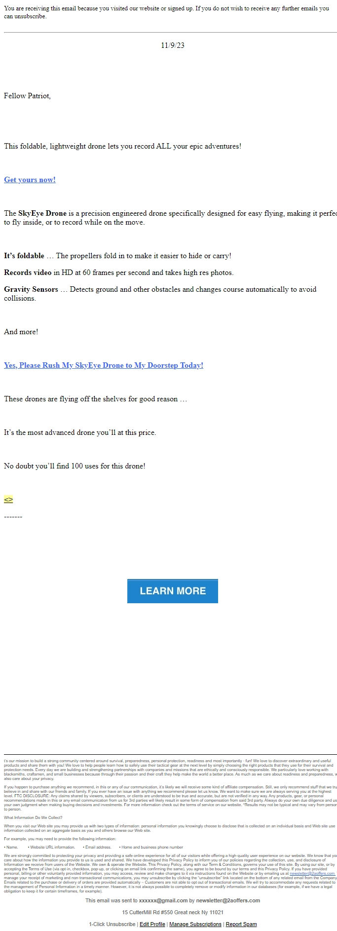 Screenshot of the email generated on import