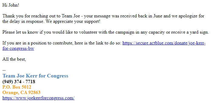 Screenshot of the email generated on import