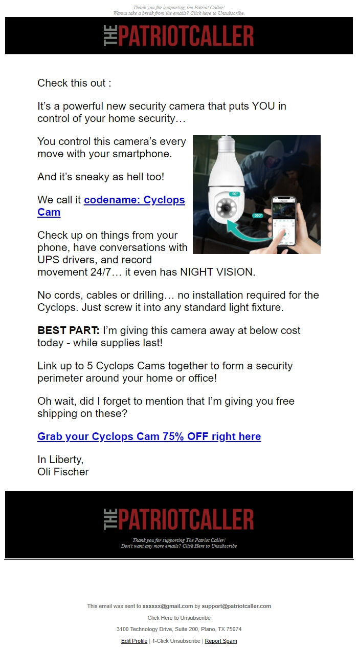 Screenshot of the email generated on import