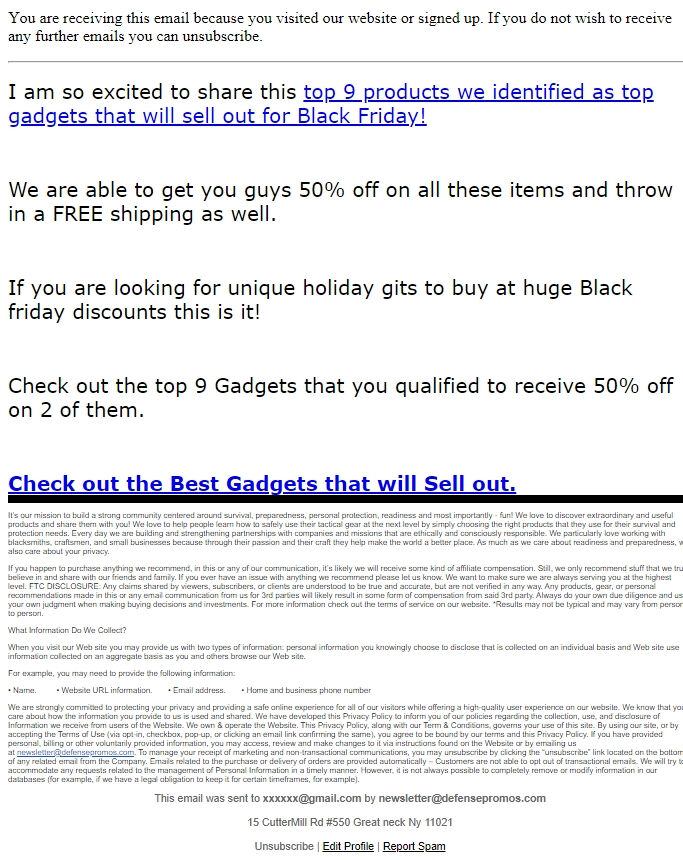 Screenshot of the email generated on import