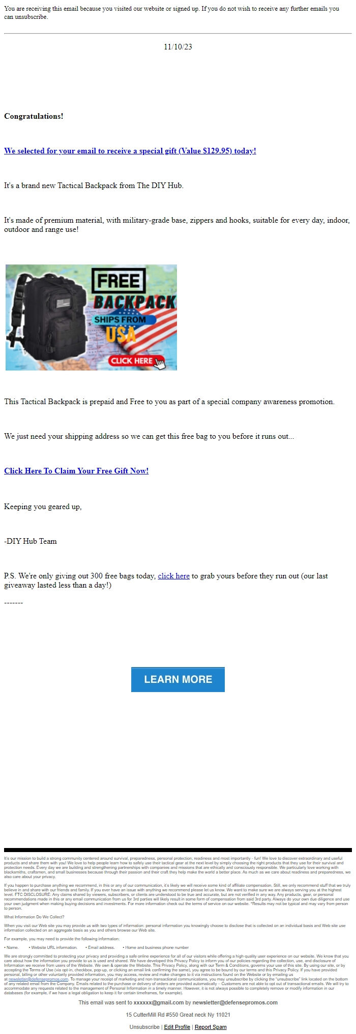 Screenshot of the email generated on import