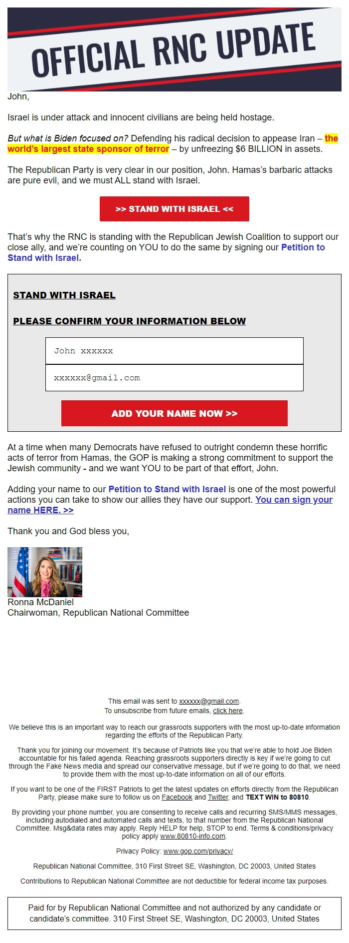 Screenshot of the email generated on import