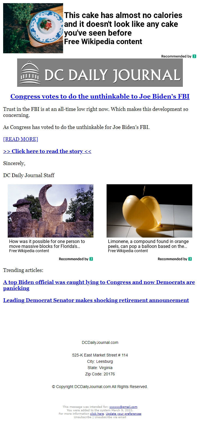 Screenshot of the email generated on import