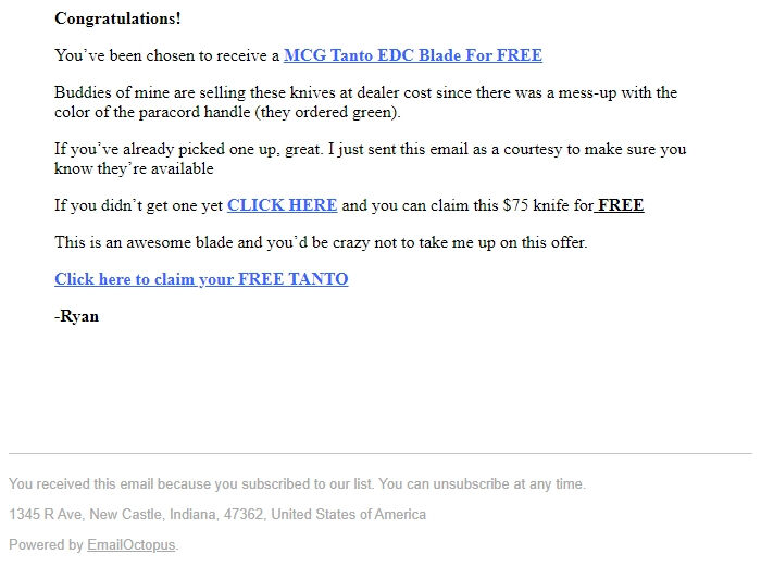 Screenshot of the email generated on import