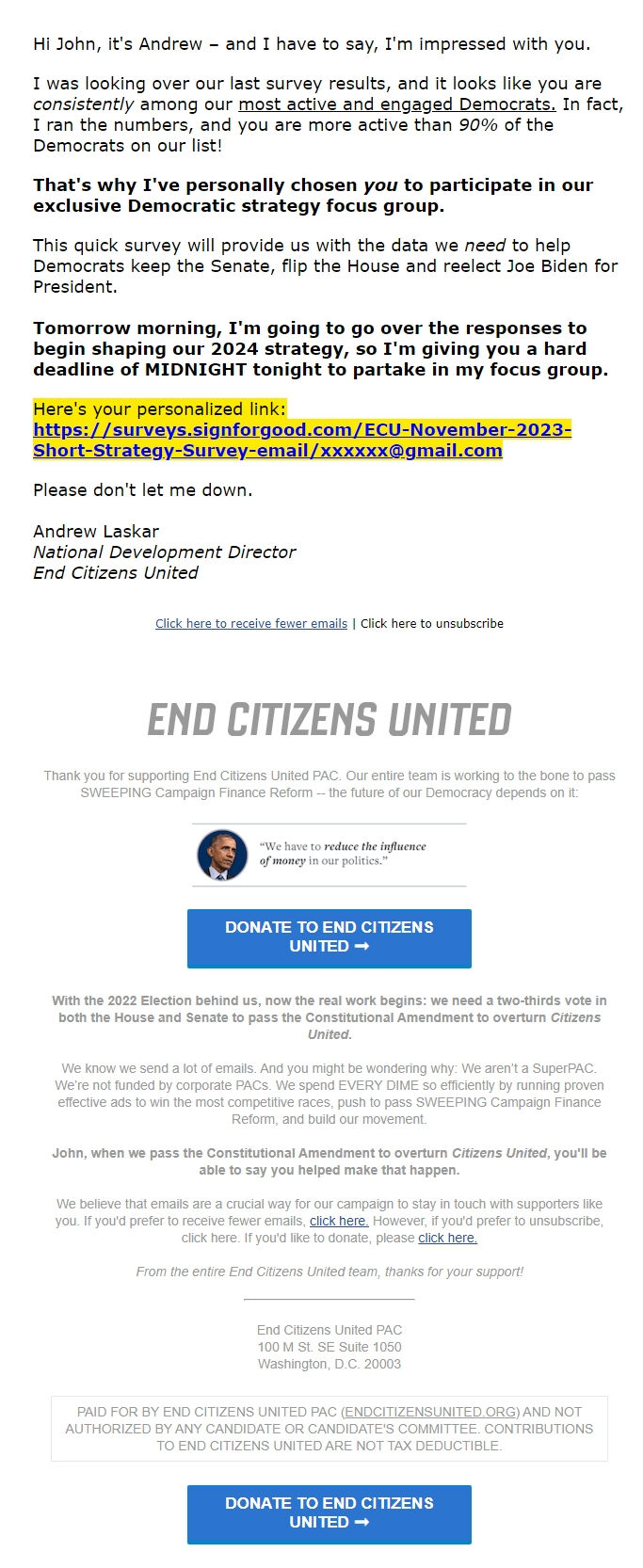 Screenshot of the email generated on import