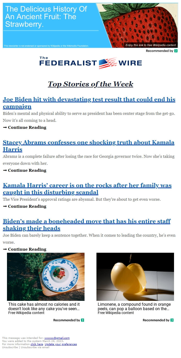 Screenshot of the email generated on import