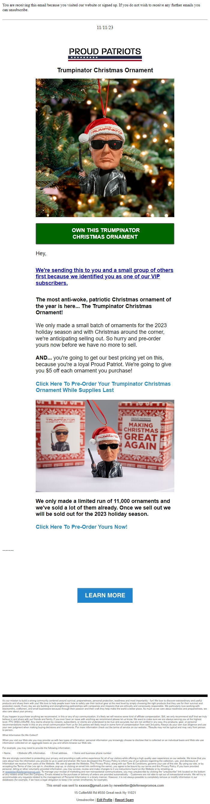 Screenshot of the email generated on import