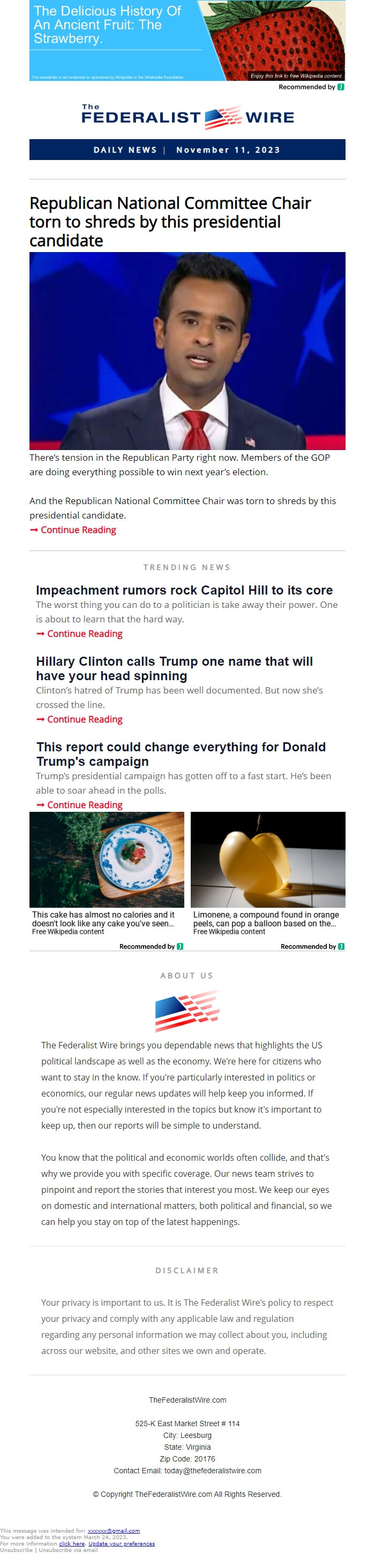 Screenshot of the email generated on import