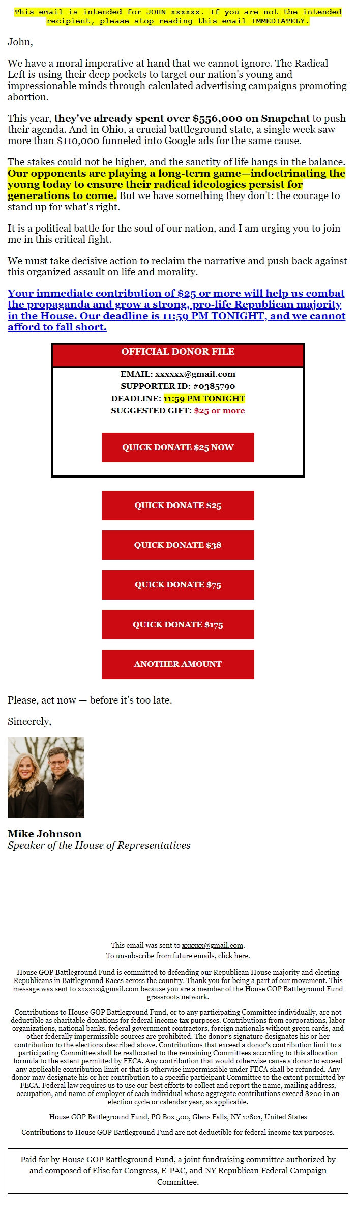 Screenshot of the email generated on import