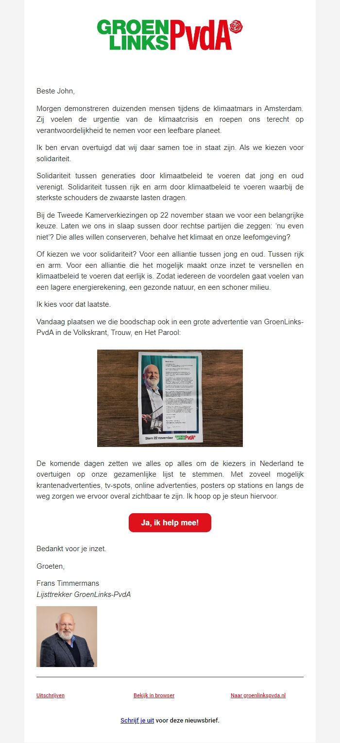 Screenshot of the email generated on import