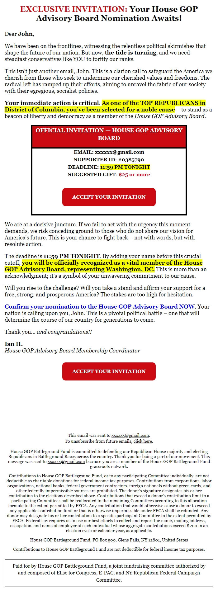 Screenshot of the email generated on import