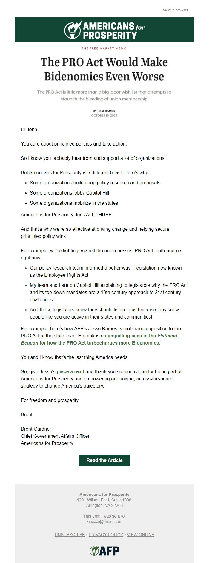 Screenshot of the email generated on import