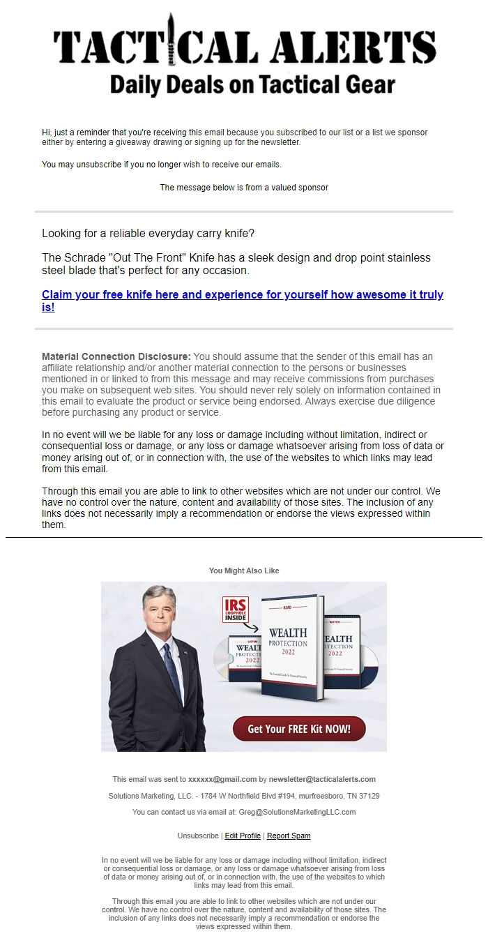 Screenshot of the email generated on import