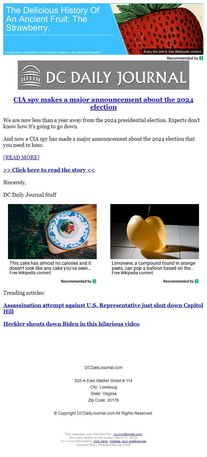 Screenshot of the email generated on import