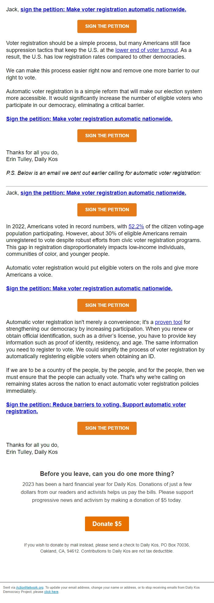 Screenshot of the email generated on import