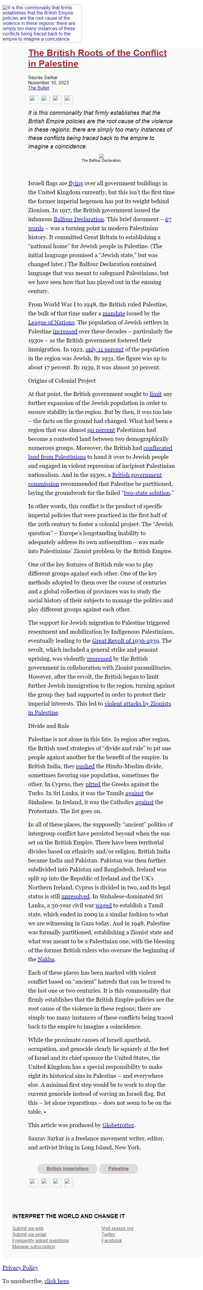 Screenshot of the email generated on import