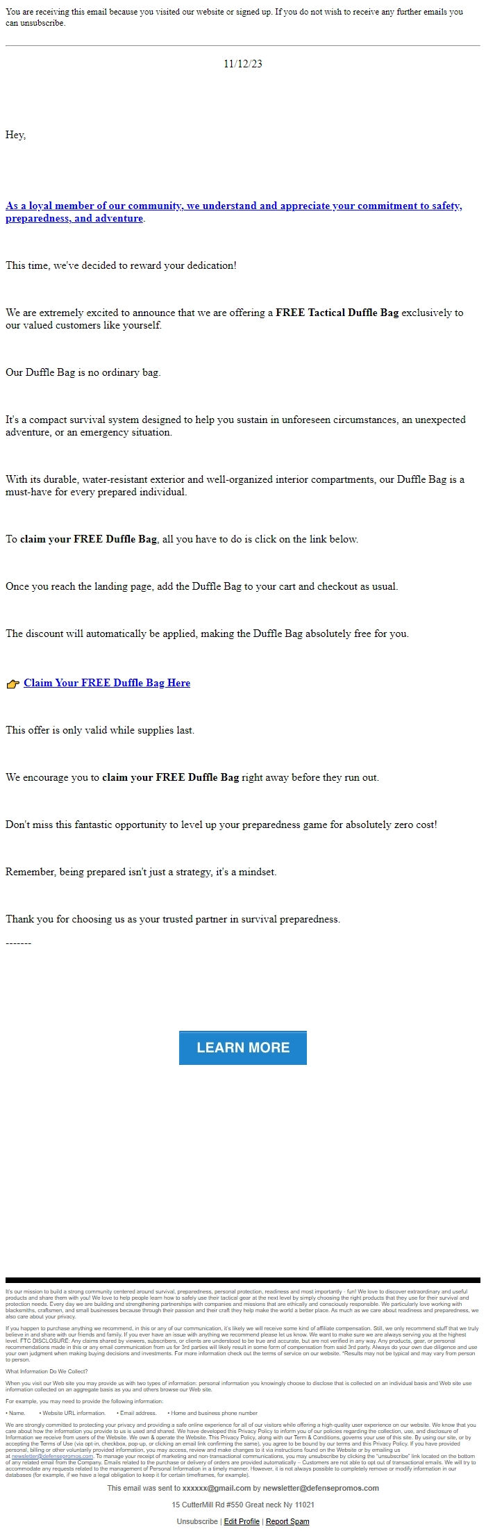 Screenshot of the email generated on import