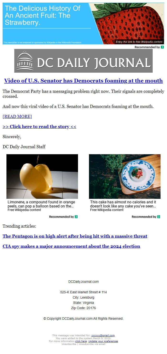 Screenshot of the email generated on import