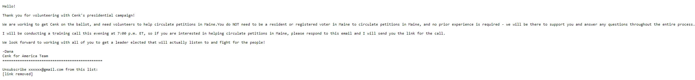 Screenshot of the email generated on import