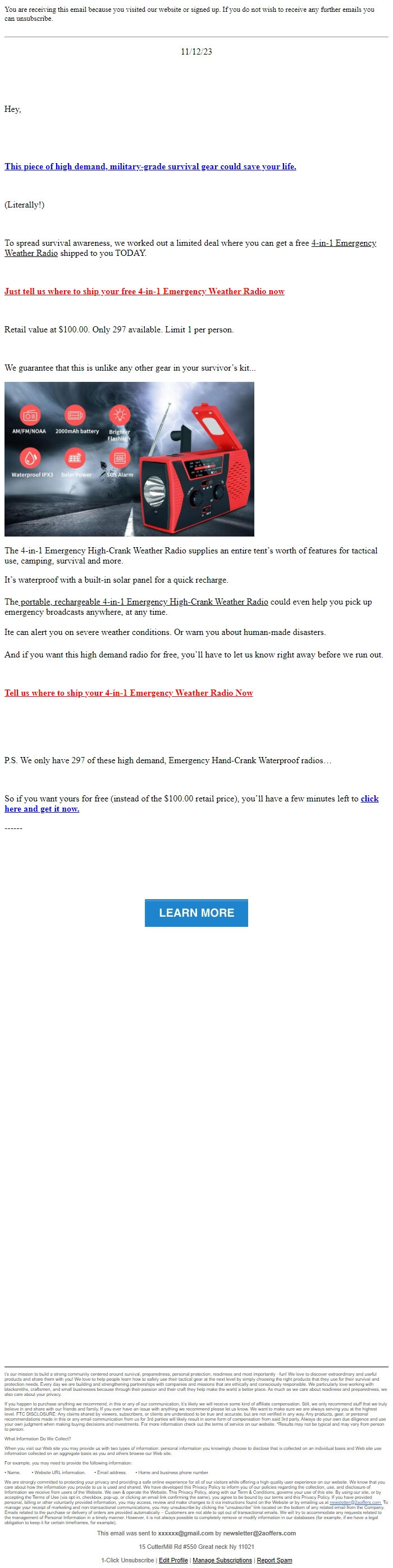Screenshot of the email generated on import