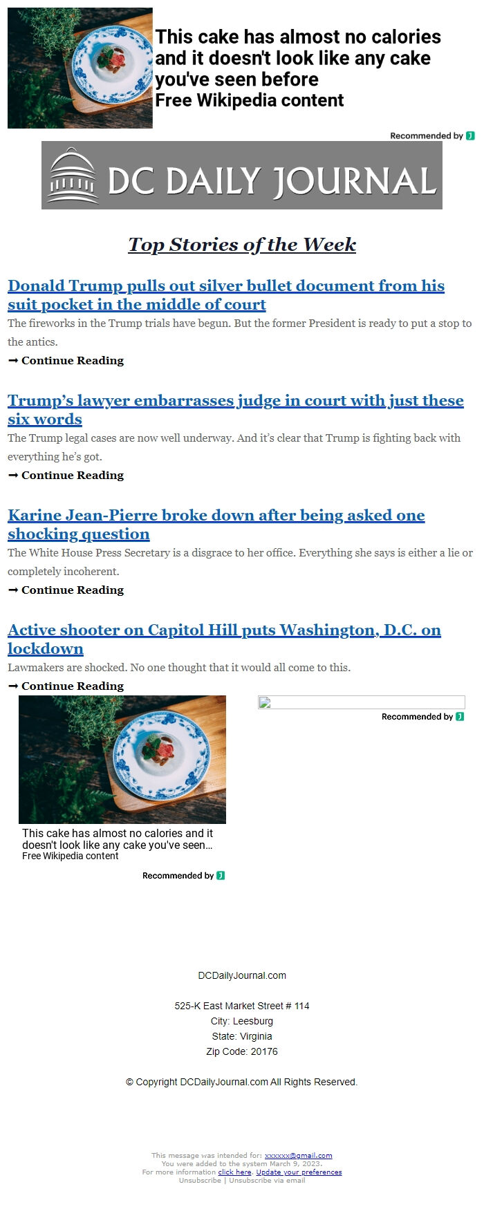 Screenshot of the email generated on import