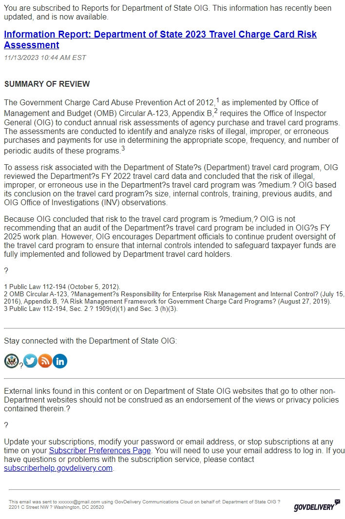 Screenshot of the email generated on import