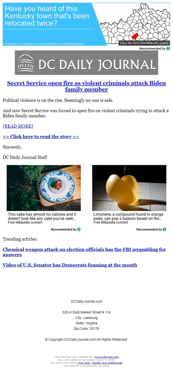 Screenshot of the email generated on import