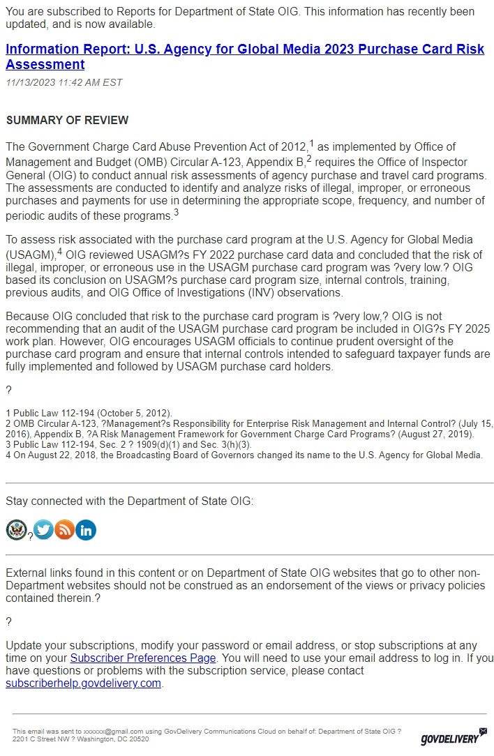 Screenshot of the email generated on import