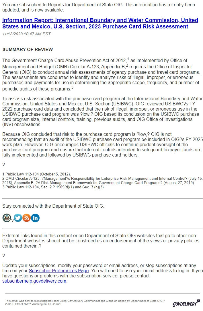 Screenshot of the email generated on import