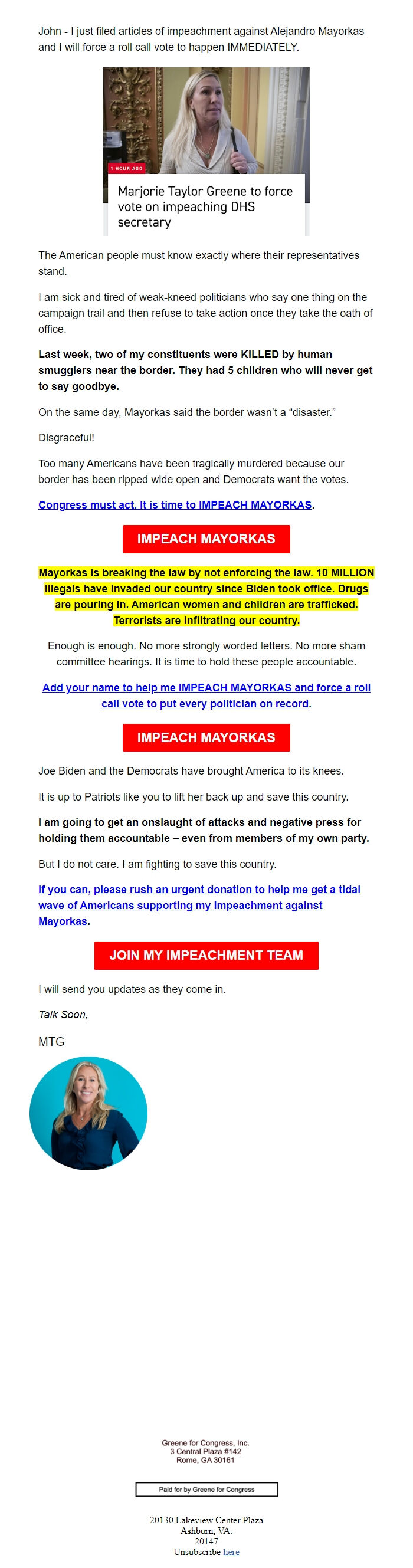 Screenshot of the email generated on import