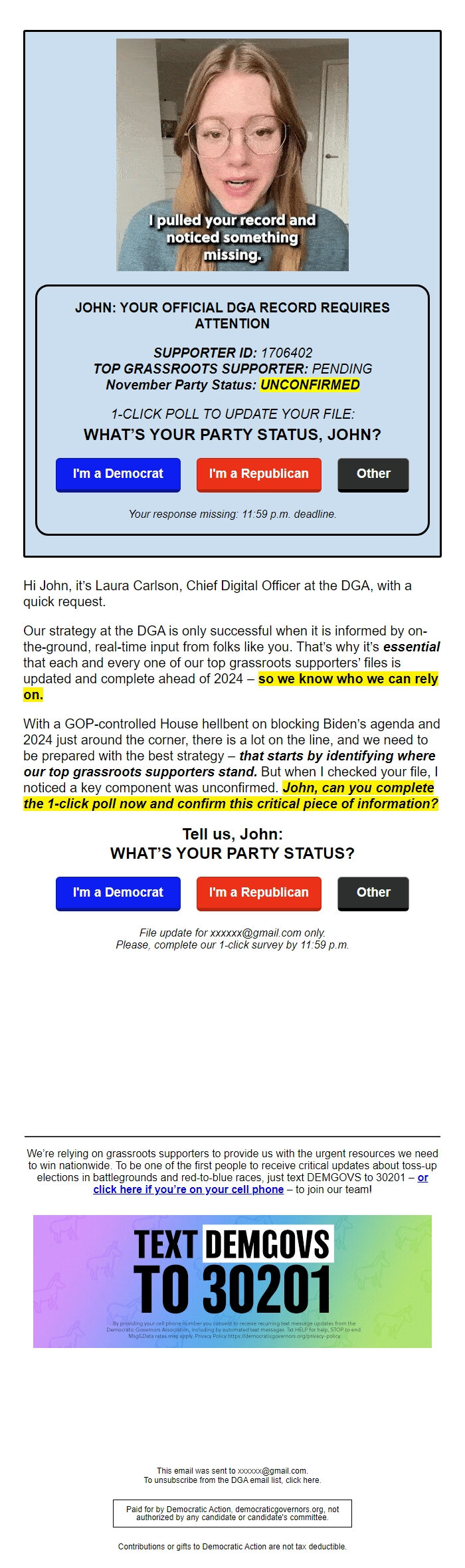 Screenshot of the email generated on import
