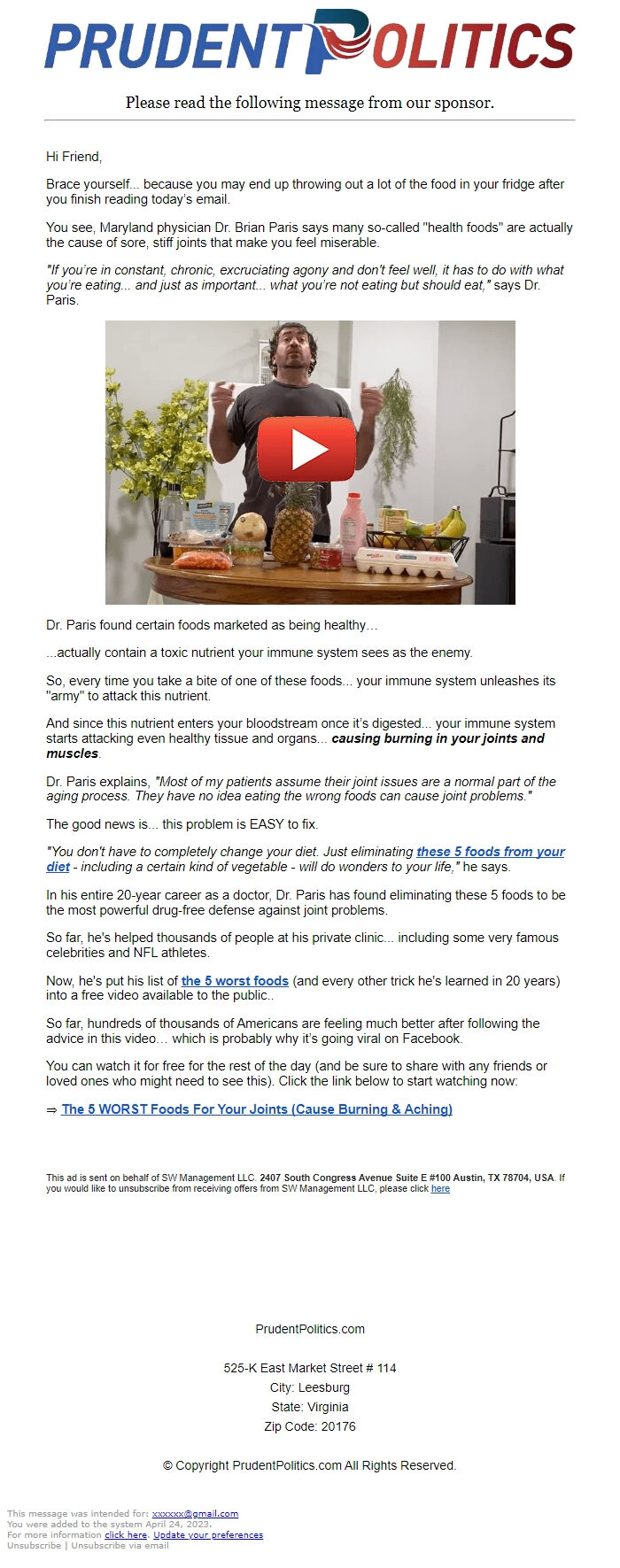 Screenshot of the email generated on import