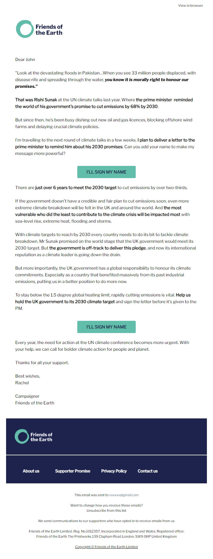 Screenshot of the email generated on import