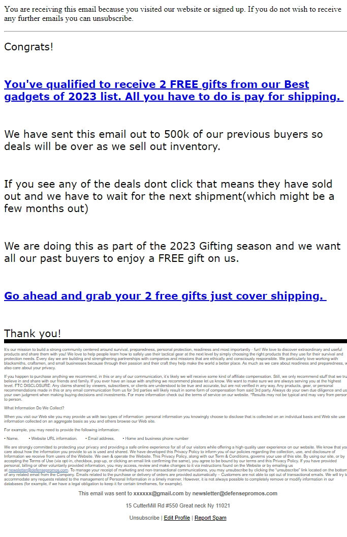 Screenshot of the email generated on import