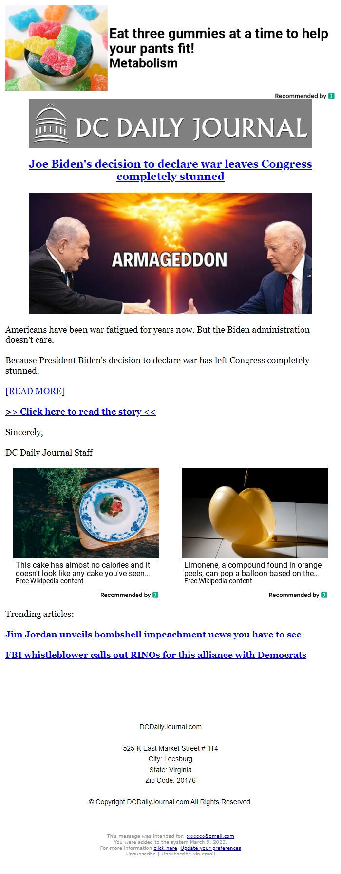 Screenshot of the email generated on import