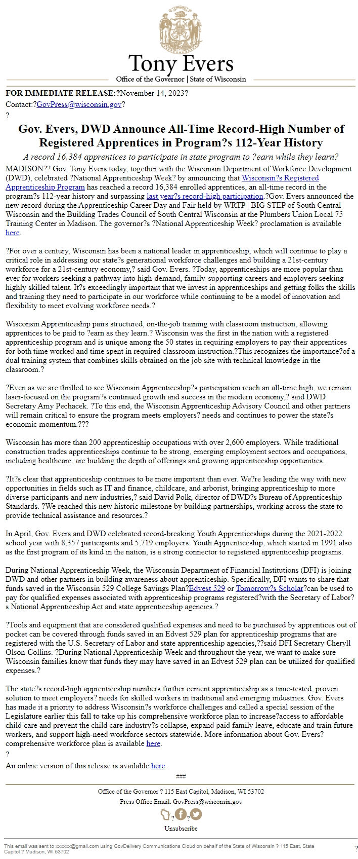 Screenshot of the email generated on import