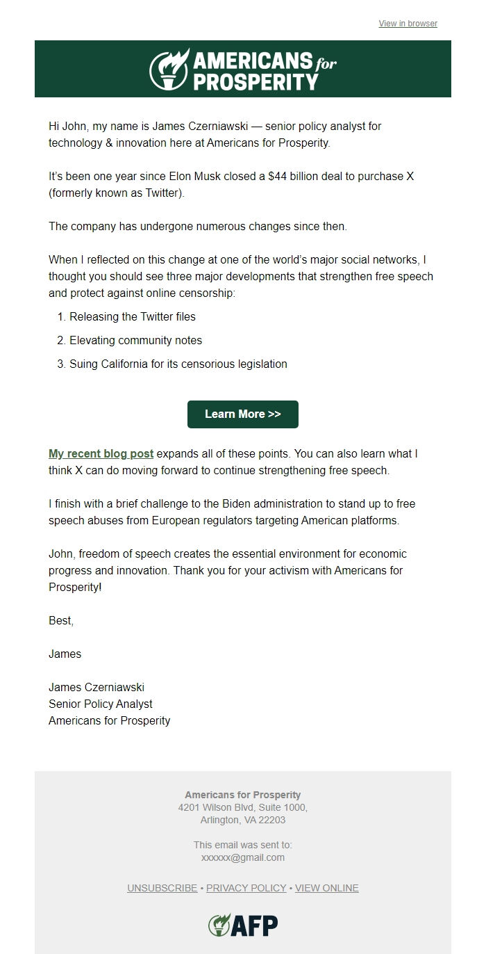 Screenshot of the email generated on import