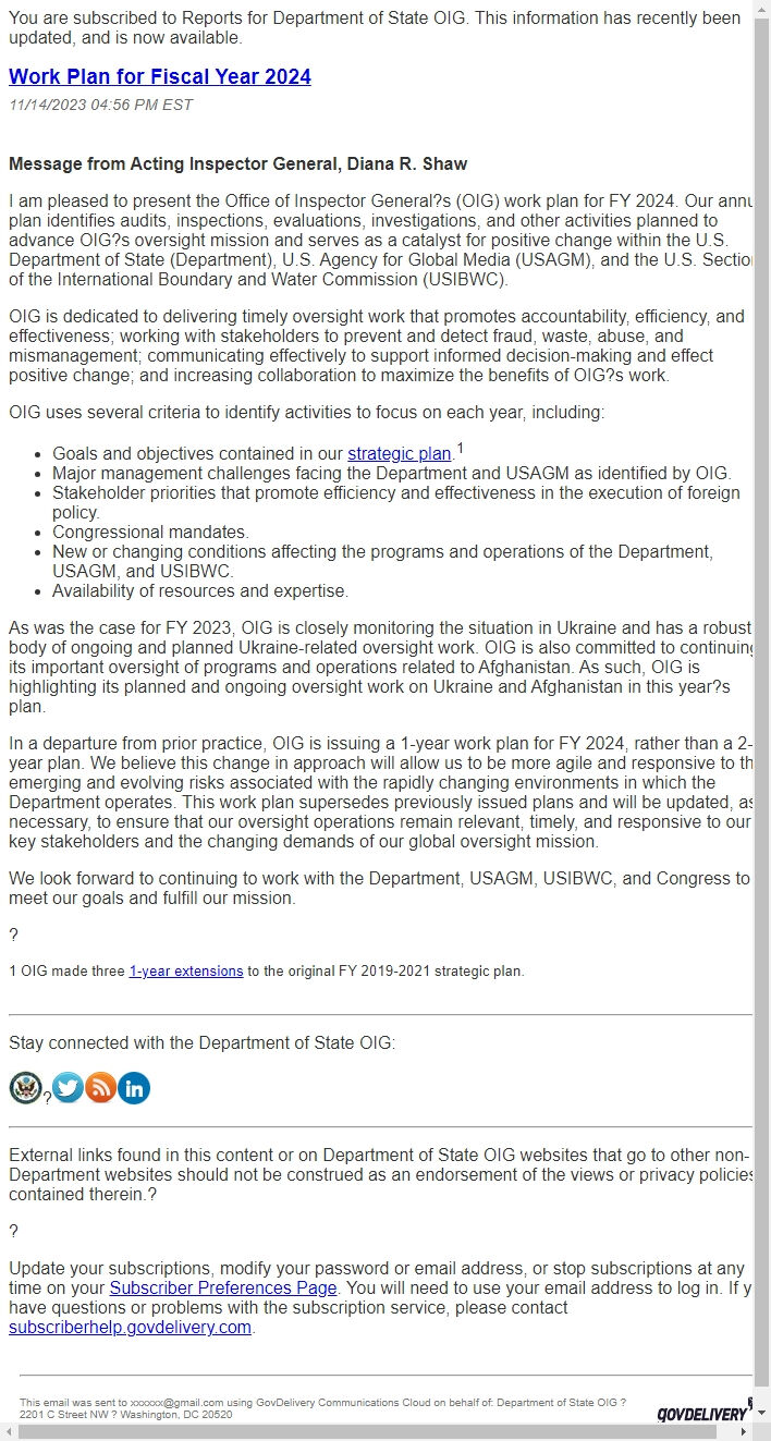 Screenshot of the email generated on import