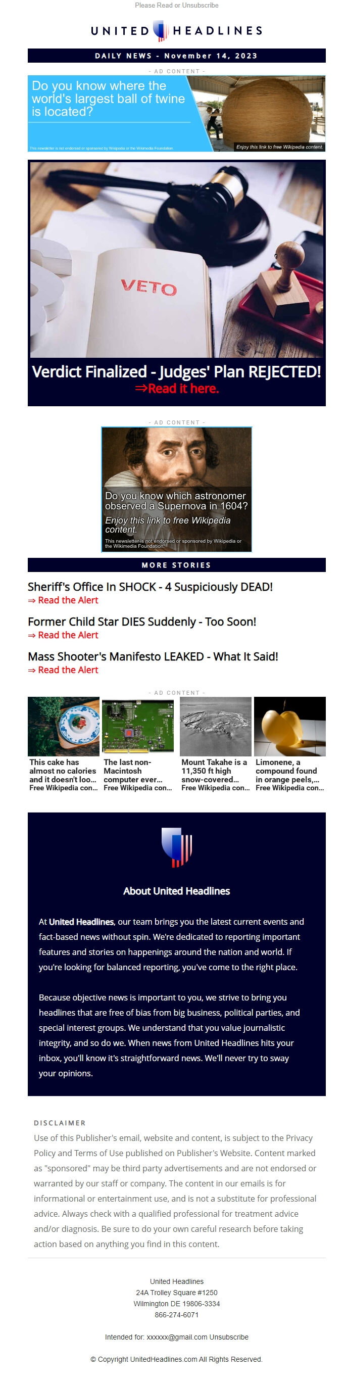 Screenshot of the email generated on import