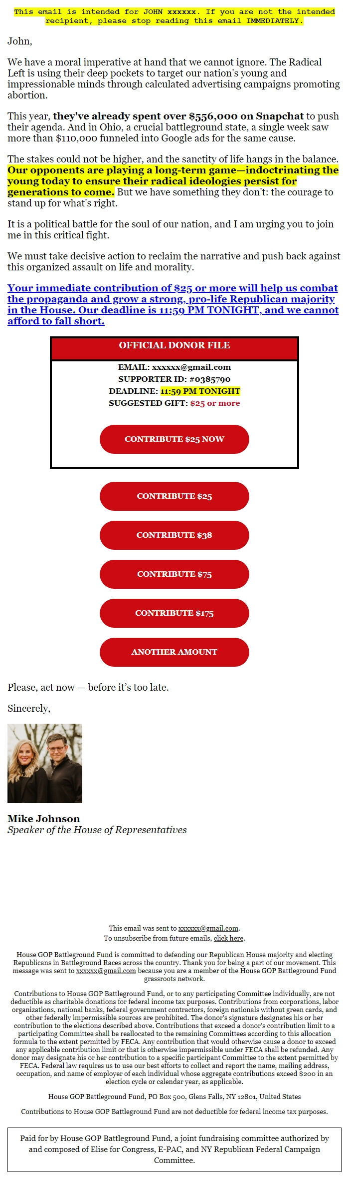 Screenshot of the email generated on import