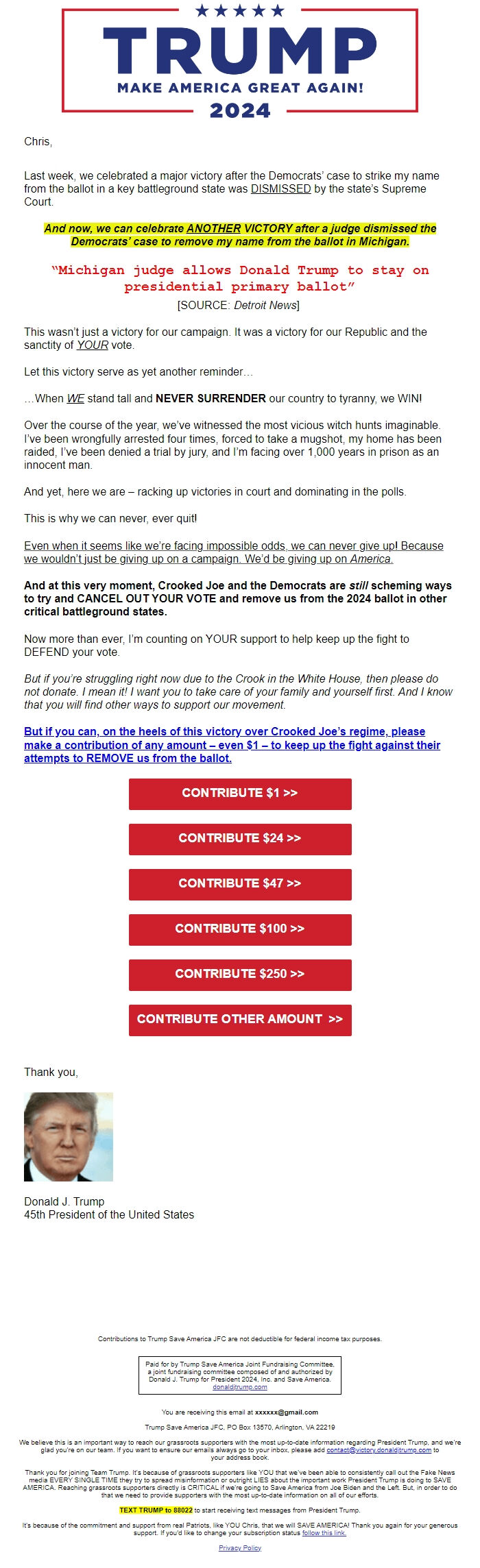 Screenshot of the email generated on import