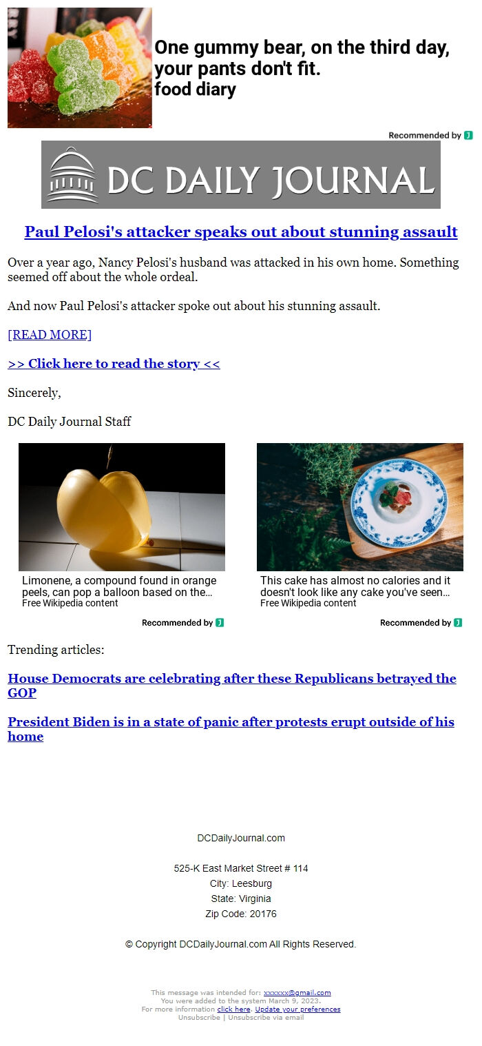 Screenshot of the email generated on import