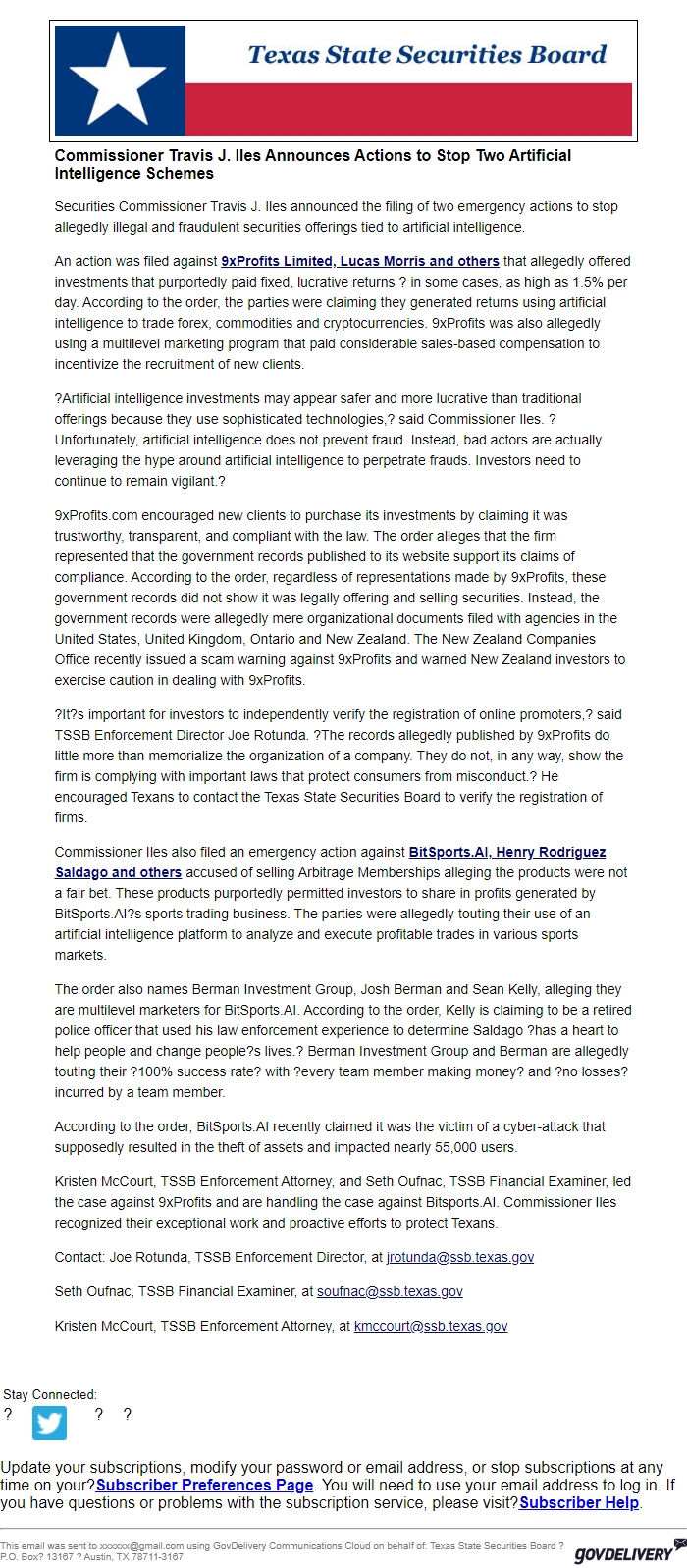 Screenshot of the email generated on import